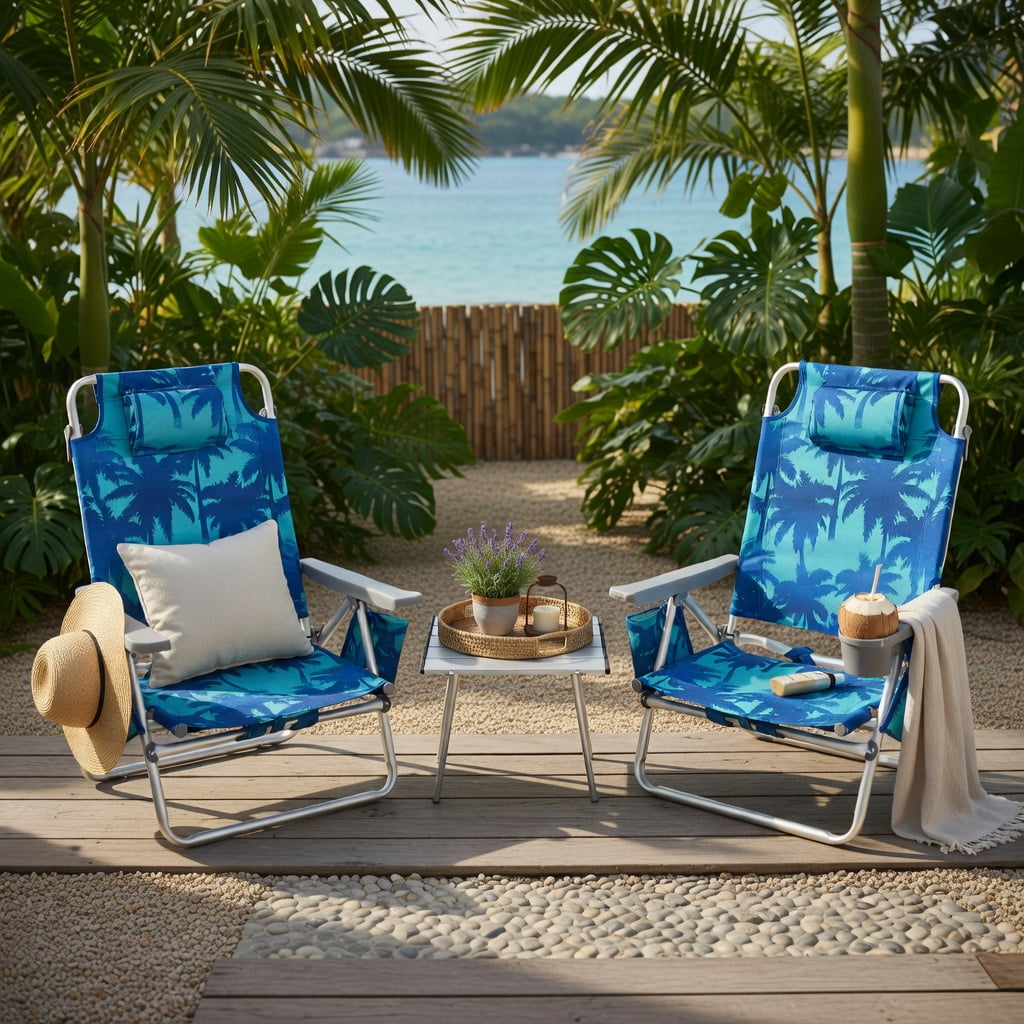 Hommoo 2-Pack Adjustable 5-Position Folding Beach Chairs with Portable Side Table, Aluminum Frame, Perfect for Camping, Fishing & Outdoor Relaxation, Navy