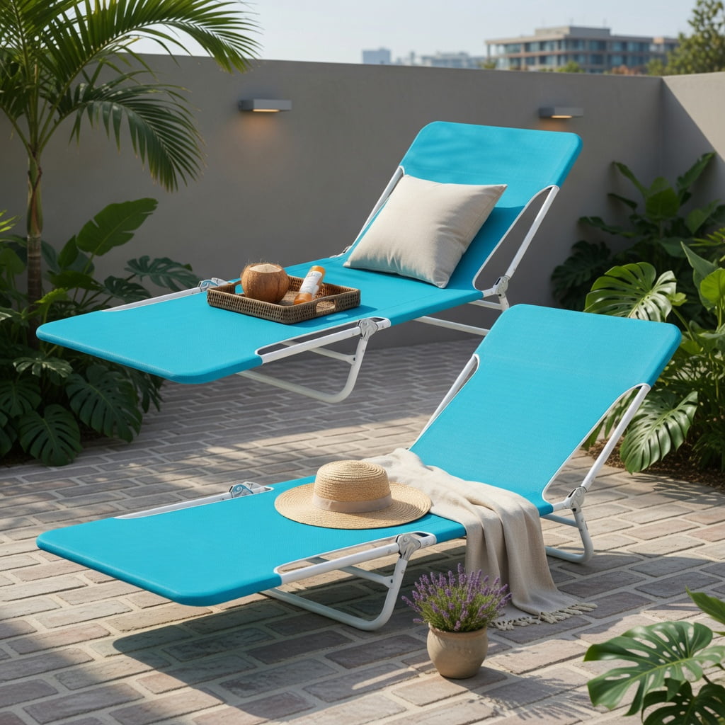 Hommoo 2-Pack Adjustable 5-Position Lay-Flat Beach Lounge Chairs with Carry Strap, Heavy-Duty 600D Oxford & Powder-Coated Metal Frame, Turquoise