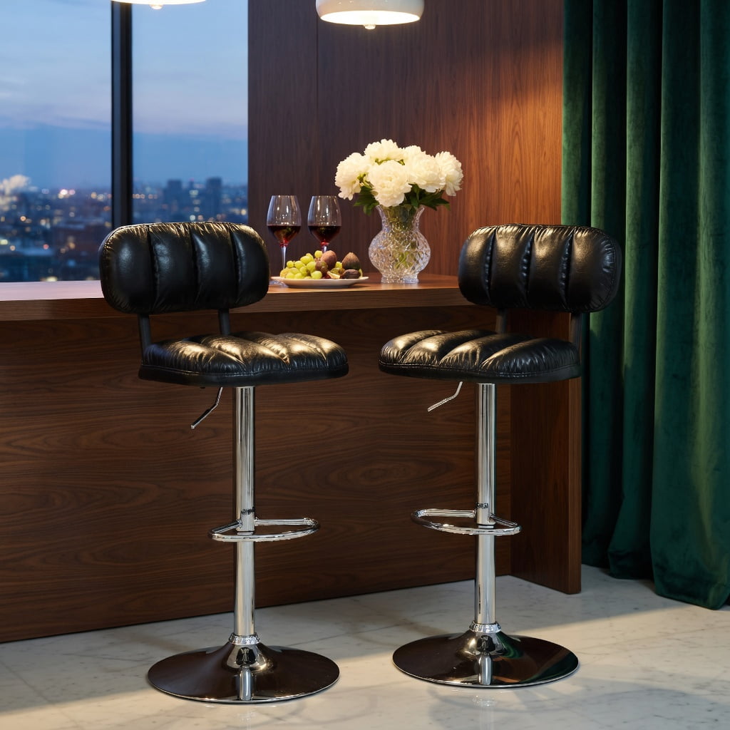 Hommoo 2-Pack Adjustable Bar Stools PU Leather with Chrome Base & Footrest, Height-Adjustable Modern Kitchen Island Stools for Home Bar, Game Room & Office Break Area, Black