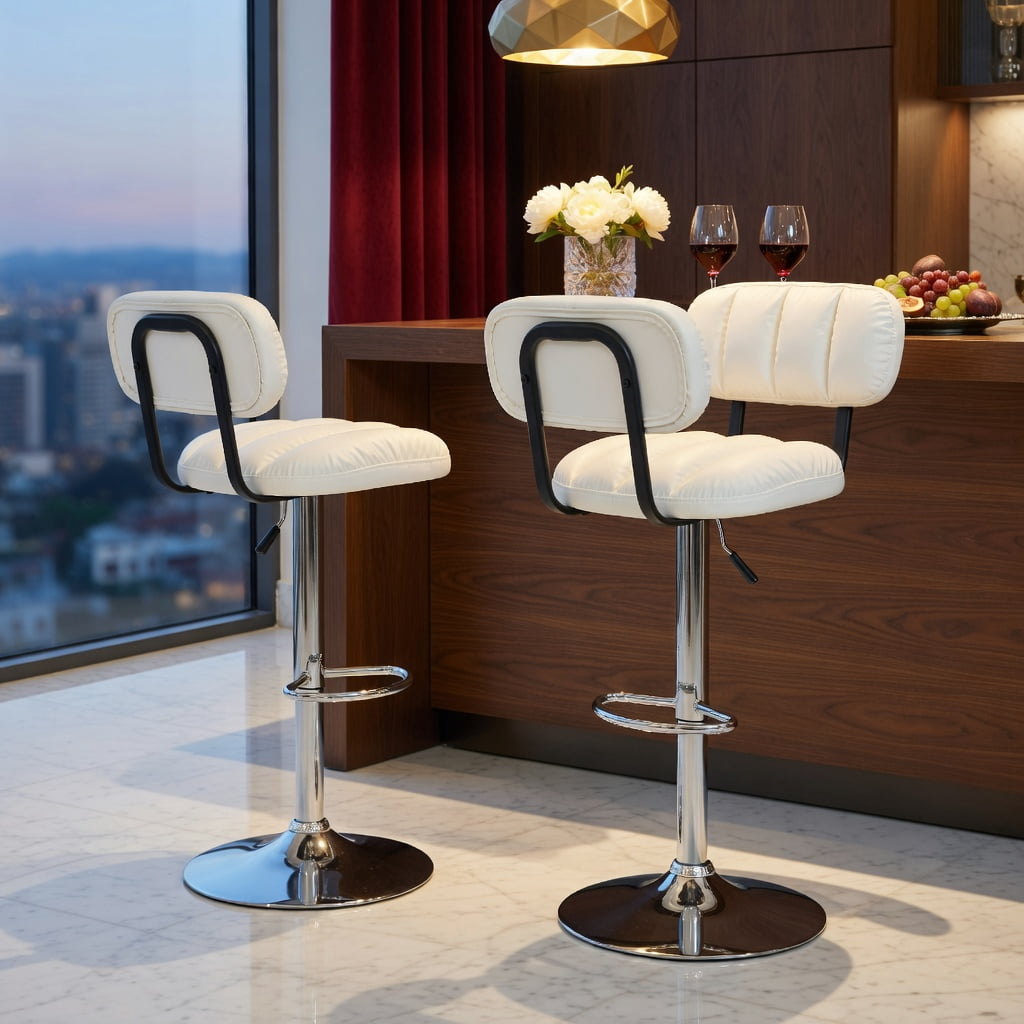 Hommoo 2-Pack Adjustable Bar Stools, PU Leather with Chrome Base & Footrest, Height-Adjustable Modern Kitchen Island Stools for Home Bar, Living Room & Dining Area, White