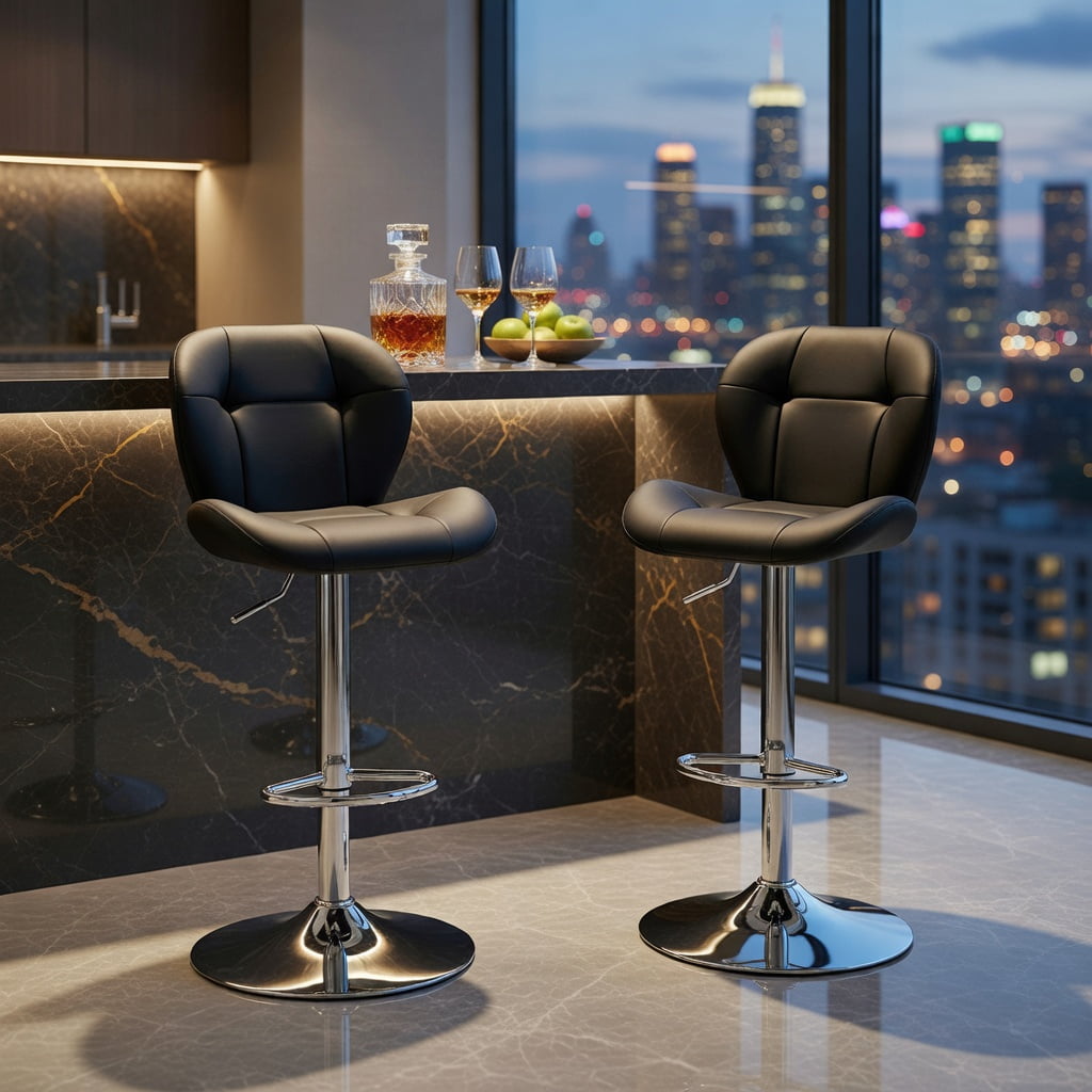 Hommoo 2-Pack Adjustable Bar Stools, PU Tufted Height-Adjustable Bar Chairs with Chrome Base & Footrest for Kitchen Island, Home Bar, Pub & Breakfast Counter, Black