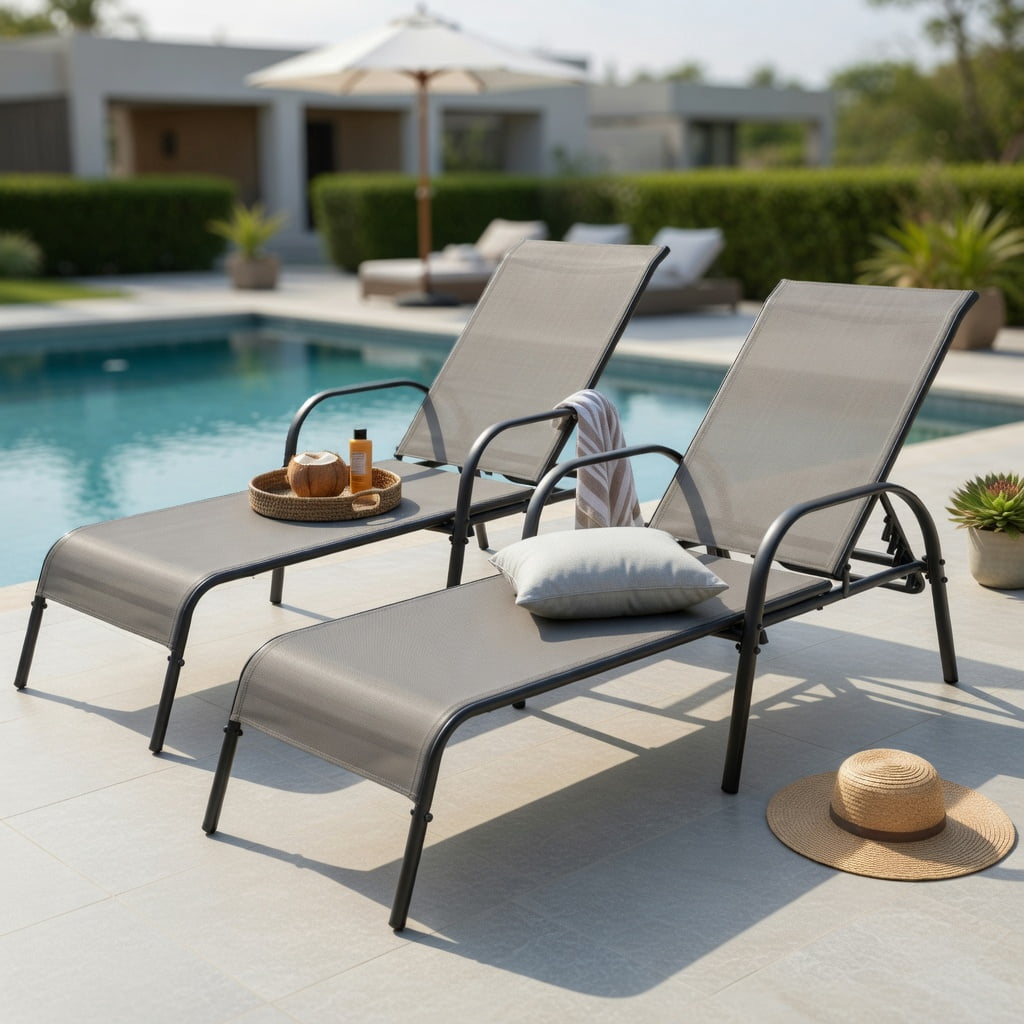 Hommoo 2-Pack Adjustable Outdoor Chaise Lounge Chairs, Breathable Sun-Resistant Fabric, Heavy-Duty Steel Frame, 5-Position Reclining Backrest for Patio, Poolside & Backyard, Brown