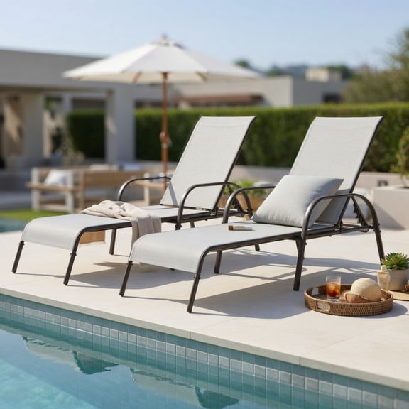Hommoo 2-Pack Adjustable Outdoor Chaise Lounge Chairs, Fabric Patio Recliners with 5-Position Backrest, Steel Frame, Poolside & Backyard Ready, Gray