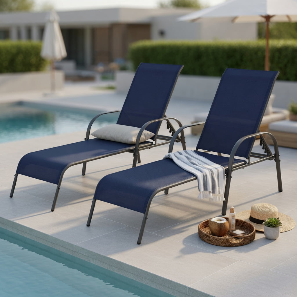 Hommoo 2-Pack Adjustable Outdoor Chaise Lounge Chairs, Fabric & Steel Patio Recliners with 5-Position Backrest, Poolside & Backyard Ready, Navy
