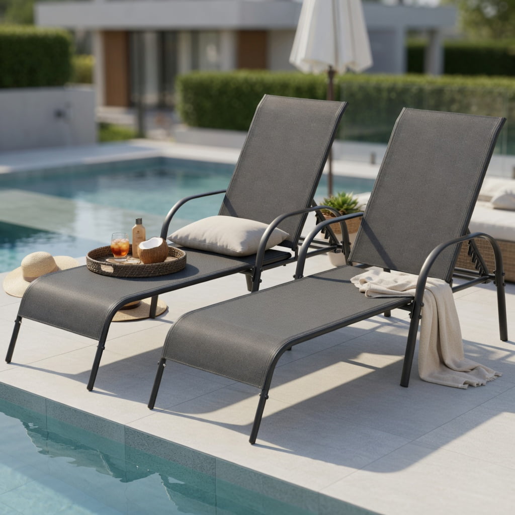 Hommoo 2-Pack Adjustable Outdoor Chaise Lounge Chairs Patio Recliners with 5-Position Backrest & Powder-Coated Steel Frame, Dark Gray