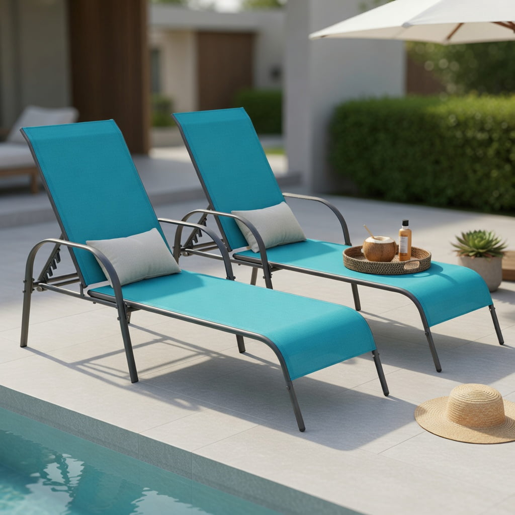 Hommoo 2-Pack Adjustable Outdoor Chaise Lounge Chairs, Sun-Resistant Fabric with Steel Frame, 5-Position Reclining Backrest for Patio, Poolside & Backyard, Turquoise