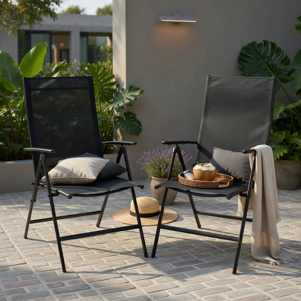 Hommoo 2-Pack Adjustable Outdoor Folding Dining Chairs, Heavy-Duty Steel Frame, Breathable Fabric, Portable Patio Recliners for Deck, Poolside & Garden, Black