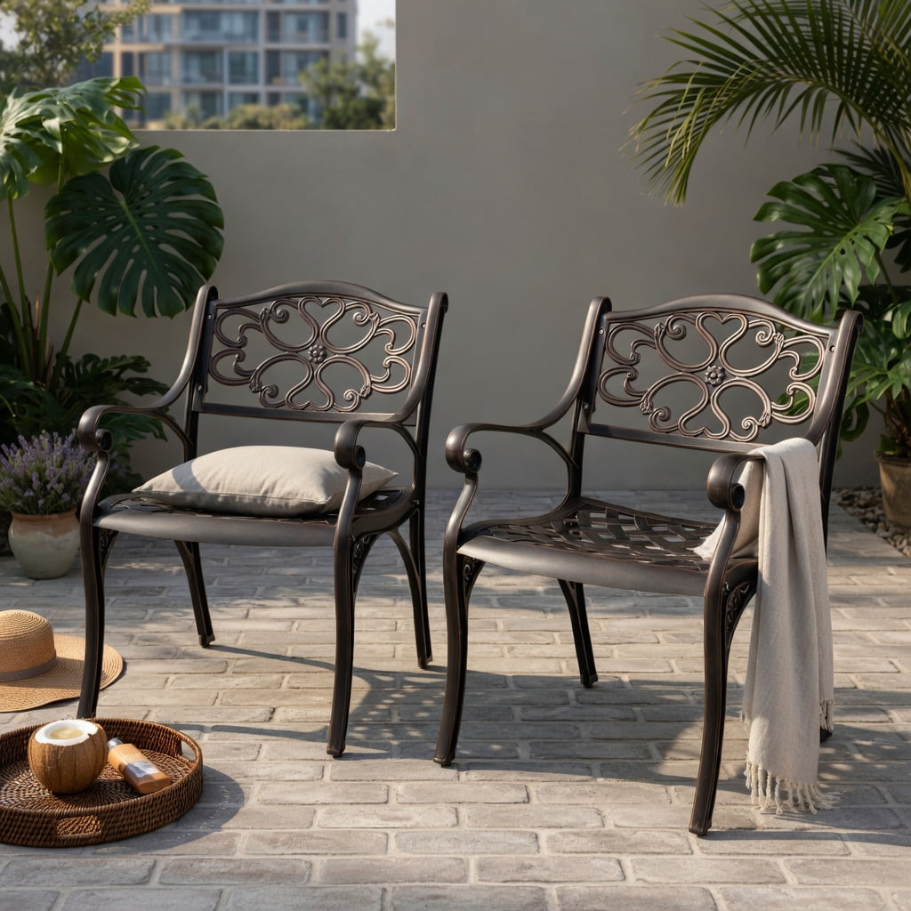 Hommoo 2-Pack Cast Aluminum Outdoor Dining Chairs with Armrests, Weather-Resistant Patio Chairs for Garden, Porch & Poolside, Bronze
