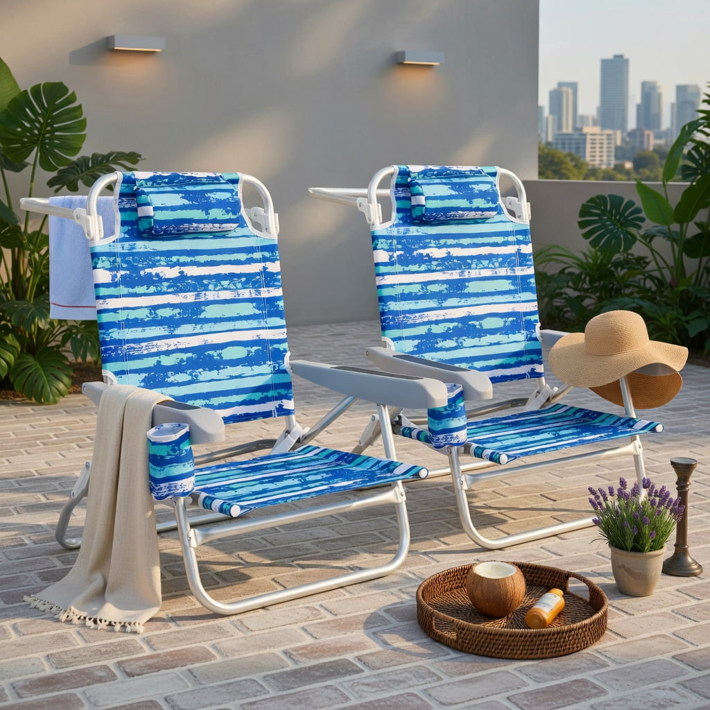 Hommoo 2-Pack Foldable Beach Chair with 5-Position Recline, Padded Headrest & Cup Holder, Lightweight Aluminum Outdoor Chairs for Beach, Camping, Picnic, Blue