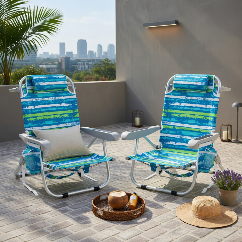 Hommoo 2-Pack Foldable Beach Chair with Adjustable Backrest, Cup Holder & Storage Pockets, Lightweight Aluminum Frame, Waterproof 600D Oxford Fabric, Green