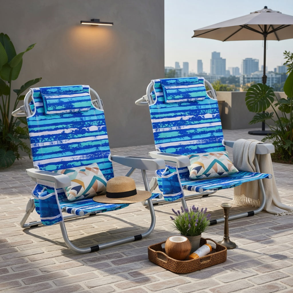 Hommoo 2-Pack Foldable Beach Chair with Cup Holder, Adjustable Backrest & Storage Pockets, Lightweight Aluminum Frame, Waterproof 600D Oxford Fabric, Navy