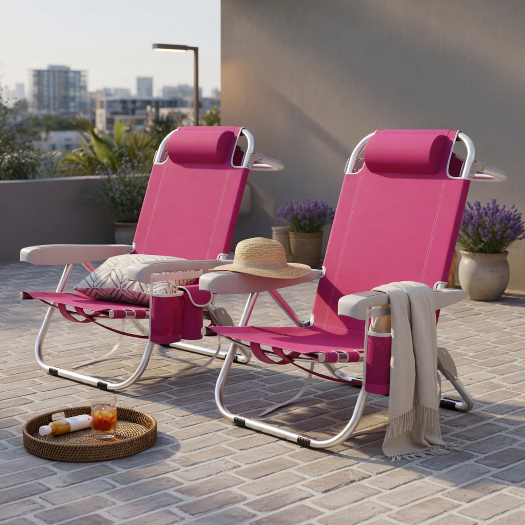 Hommoo 2-Pack Foldable Beach Chair with Cup Holder, Adjustable Backrest & Storage Pockets, Lightweight Aluminum Frame, Waterproof 600D Oxford Fabric, Pink