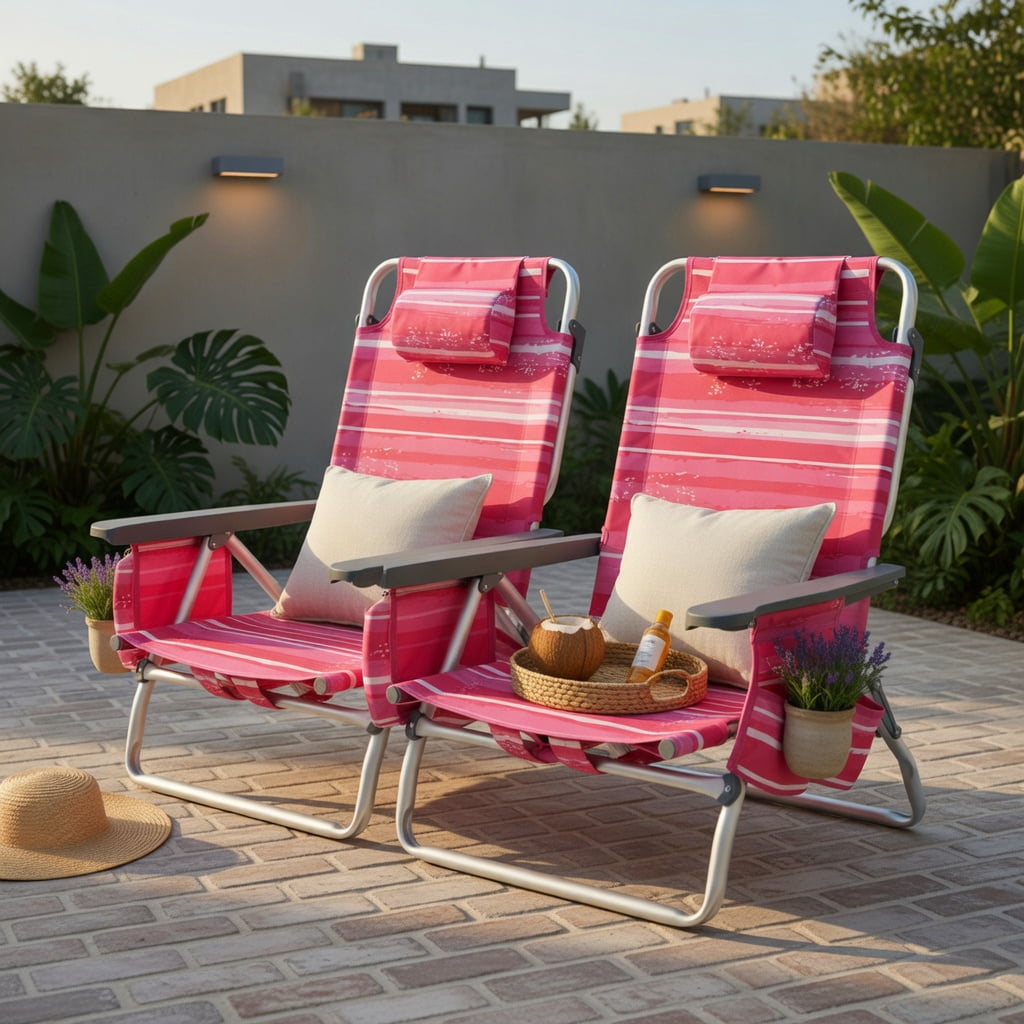 Hommoo 2-Pack Foldable Beach Chair with Adjustable Backrest, Head Pillow & Carry Bag, Hot Pink
