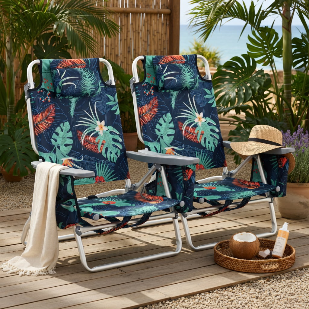 Hommoo 2-Pack Foldable Beach Chair with Adjustable Backrest, Head Pillow & Carry Bag, Multicolor