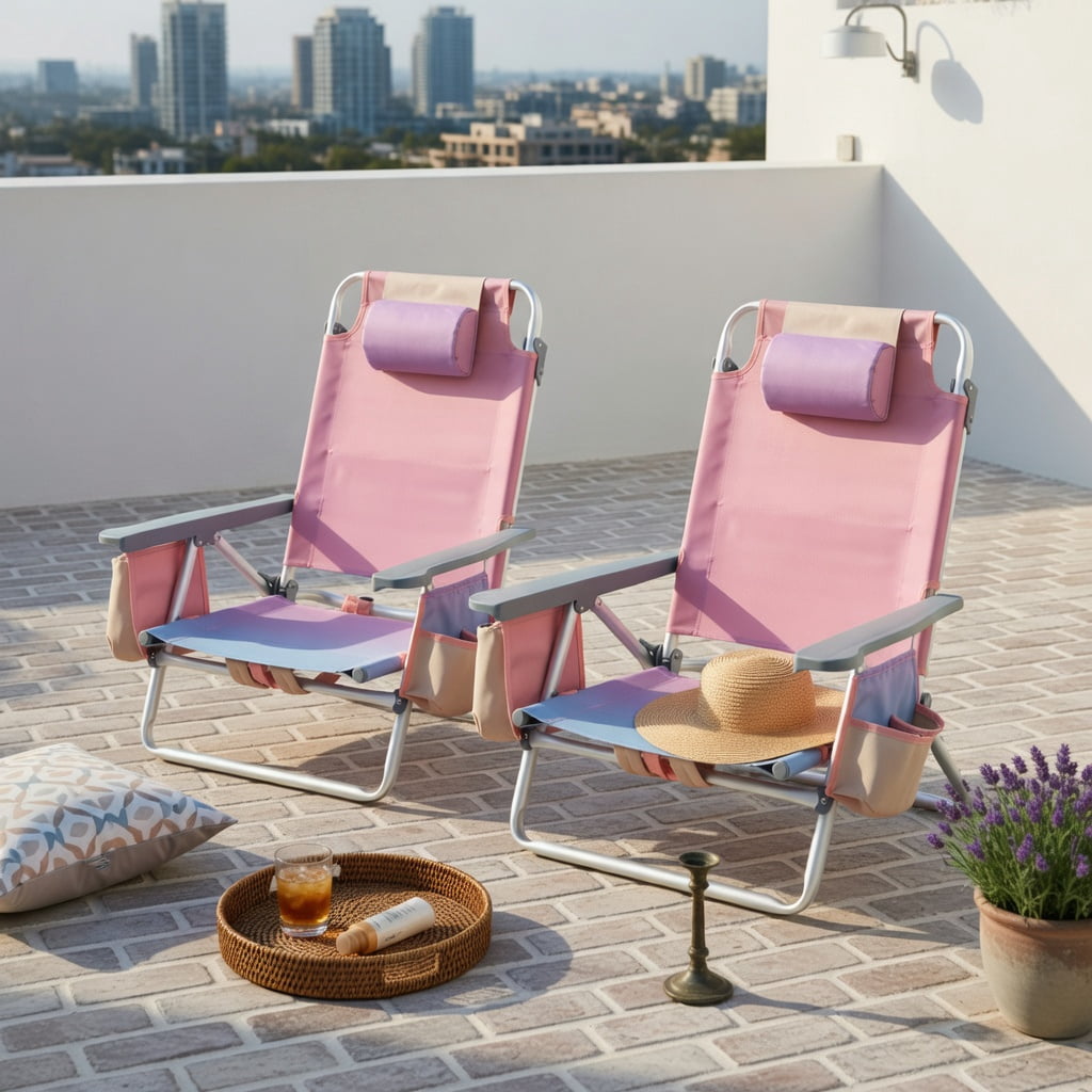 Hommoo 2-Pack Foldable Beach Chair with Adjustable Backrest, Pillow & Carry Bag, Pink