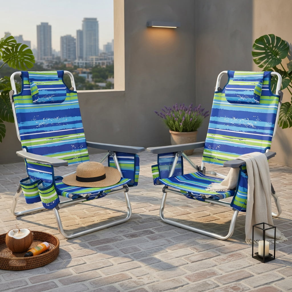 Hommoo 2-Pack Foldable Beach Chair with Pillow, 5-Position Reclining Outdoor Lounge Chair for Beach, Pool & Camping, Blue