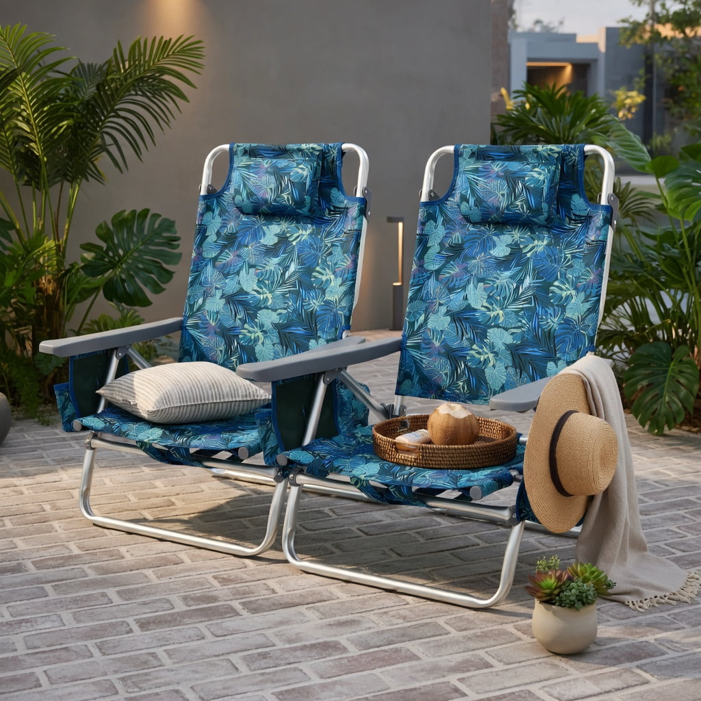 Hommoo 2-Pack Foldable Beach Chair with Pillow, 5-Position Reclining Outdoor Lounge Chair for Beach, Pool & Camping, Navy