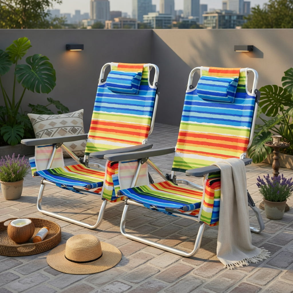 Hommoo 2-Pack Foldable Beach Chair with Pillow, 5-Position Reclining Outdoor Lounge Chair for Beach, Pool & Camping, Yellow