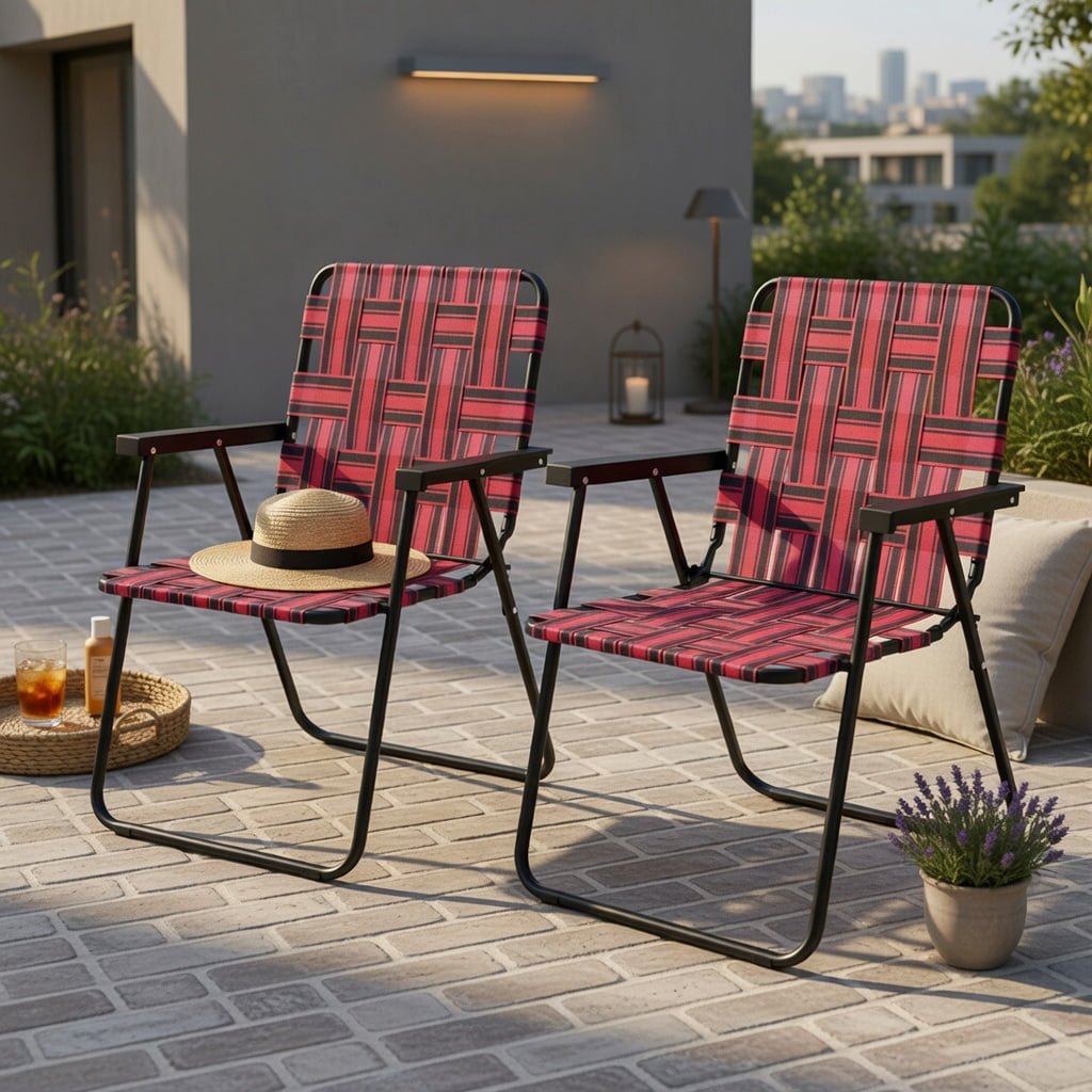 Hommoo 2-Pack Foldable Beach Chairs for Camping, Lawn & Outdoor Use, Rust-Resistant Steel Frame, Fade-Proof PE Webbing, Lightweight & Portable, Red