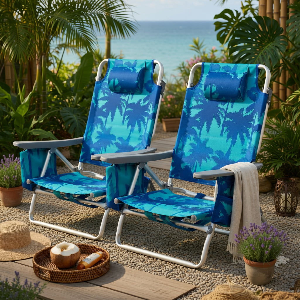 Hommoo 2-Pack Foldable Beach Chairs with Head Pillow, Adjustable Aluminum Frame, Waterproof PVC Seat, Peacock Blue