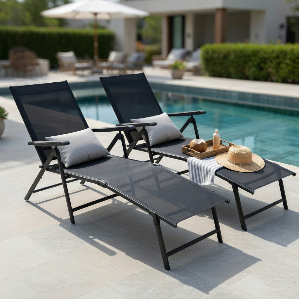 Hommoo 2-Pack Foldable Chaise Lounge Chair with 5-Position Reclining Backrest & 2-Position Adjustable Footrest, Heavy-Duty Steel Frame Patio Lounger for Poolside, Garden & Deck, Black
