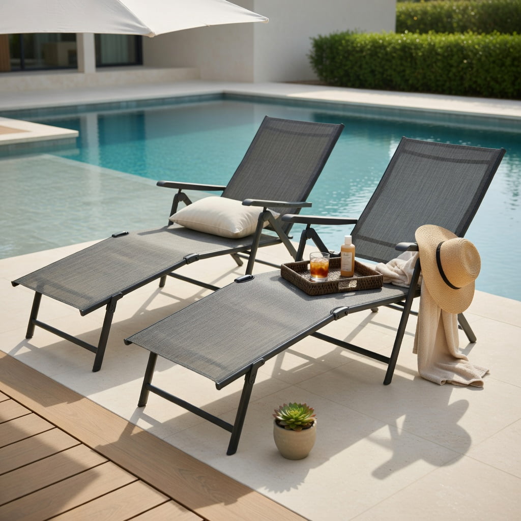 Hommoo 2-Pack Foldable Chaise Lounge Chair with 5-Position Reclining Backrest & 2-Position Adjustable Footrest, Outdoor Patio, Poolside & Garden Use, Gray