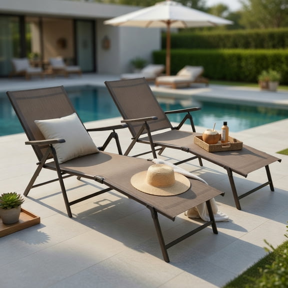 Hommoo 2-Pack Foldable Chaise Lounge Chair with 5-Position Reclining Backrest & 2-Position Adjustable Footrest, Steel Frame Outdoor Patio Lounger, Brown