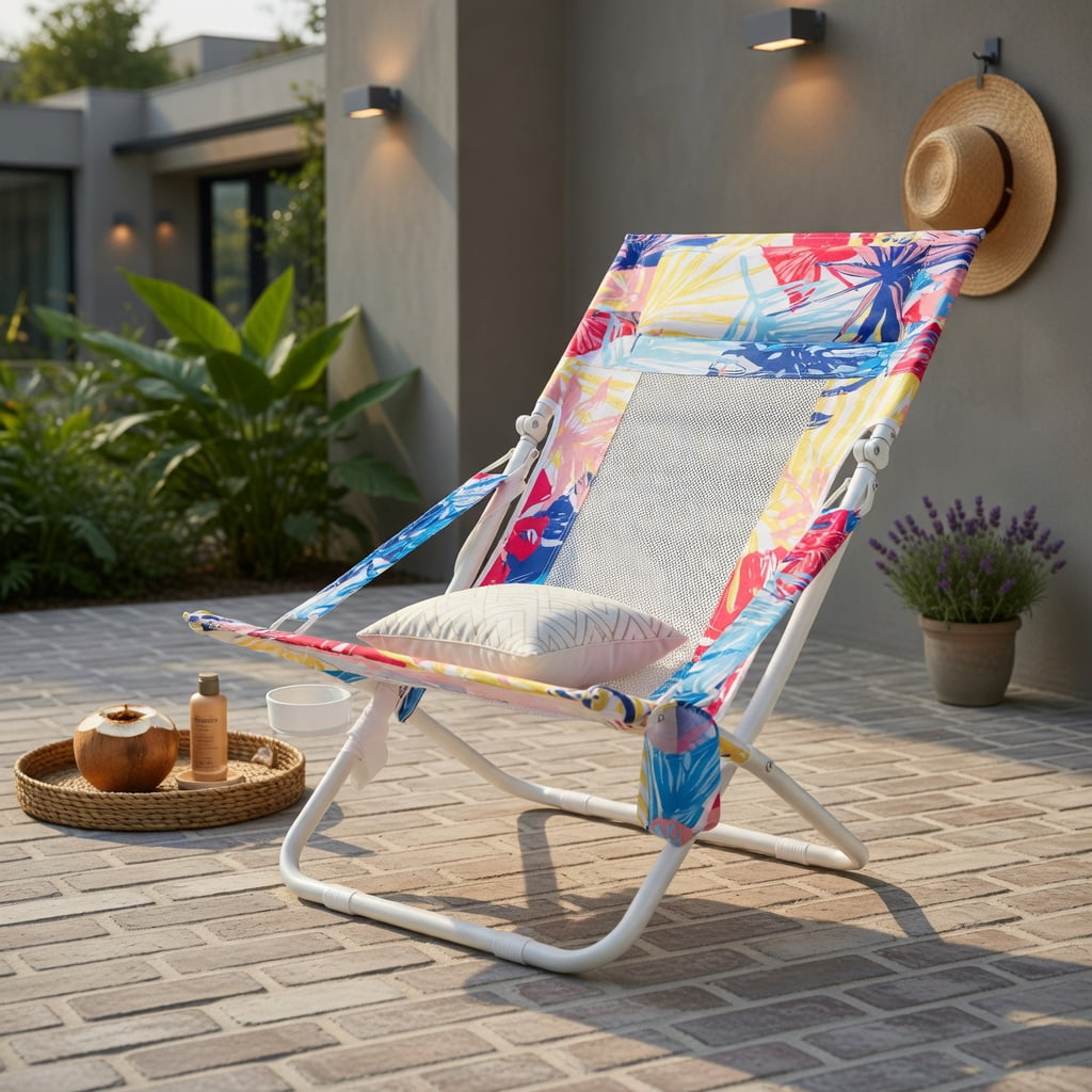 Hommoo 2-Pack Foldable Low Beach Chairs with Padded Headrest, Breathable Mesh Back & Cup Holder, Patio Sling Chairs for Outdoor, Pool, Camping, Pink