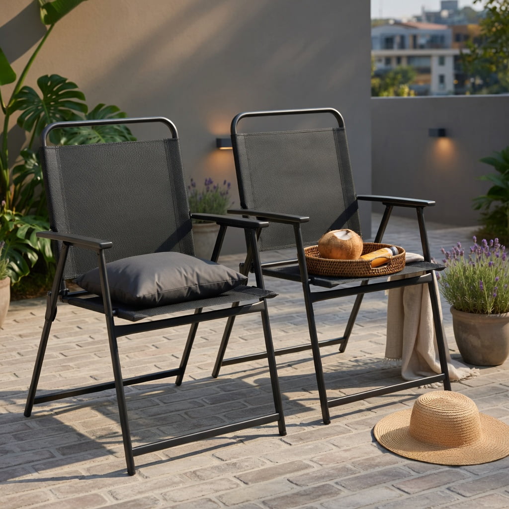 Hommoo 2-Pack Foldable Outdoor Chairs, Breathable Mesh Seat, Rust-Resistant Steel Frame, Lightweight & Portable for Camping, Backyard, Garden, Black