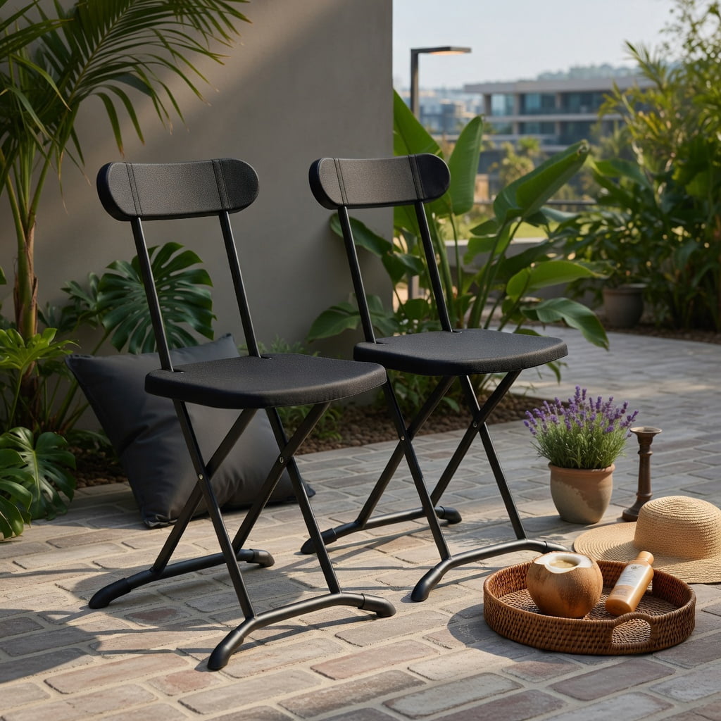 Hommoo 2-Pack Foldable Outdoor Chairs, Rust-Resistant Steel Frame, Ergonomic Back Support, Portable for Patio, Yard & Garden, Black