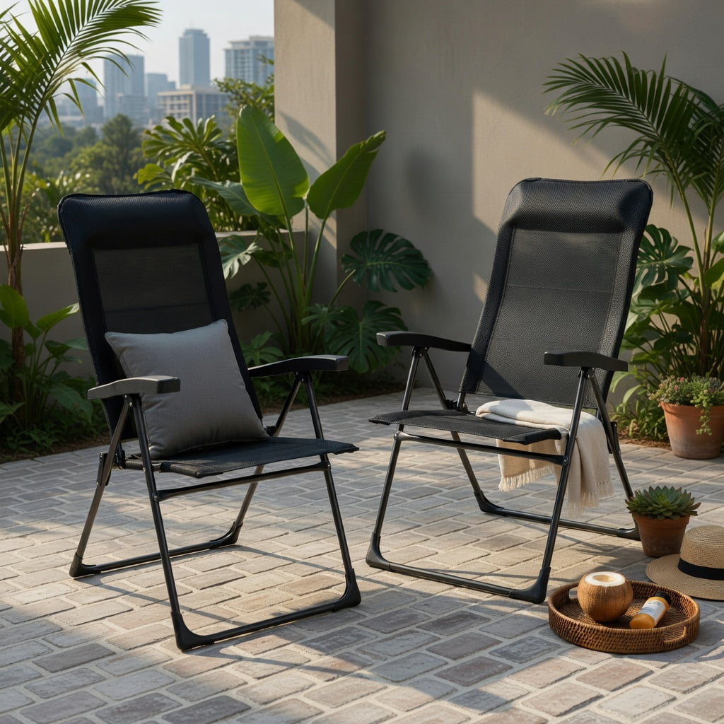 Hommoo 2-Pack Foldable Outdoor Dining Chairs with Adjustable Headrest & Reinforced Iron Frame, Portable Patio, Camping, Deck, and Poolside Seating, Black