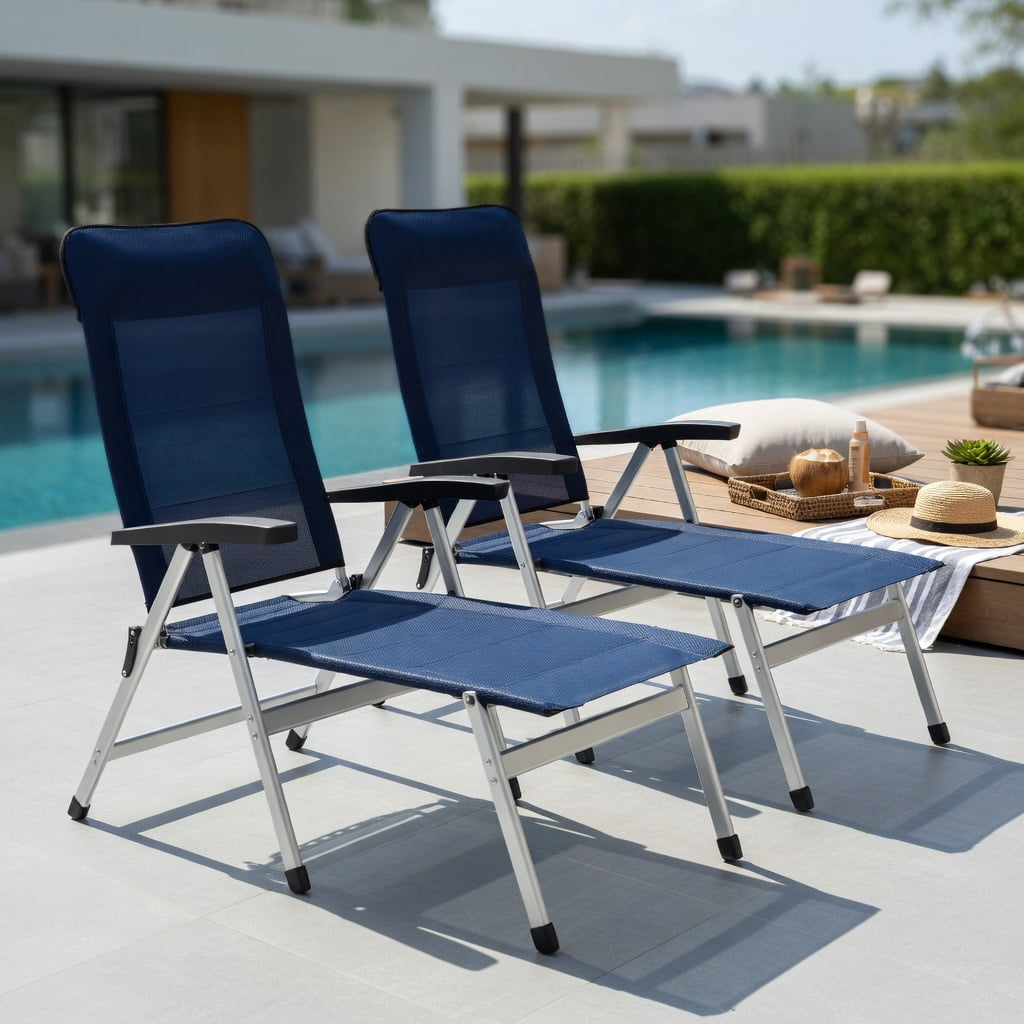 Hommoo 2-Pack Foldable Outdoor Dining Chairs with 7-Position Adjustable Backrest, Aluminum & Iron Patio Seating, Space-Saving Design, Navy Blue