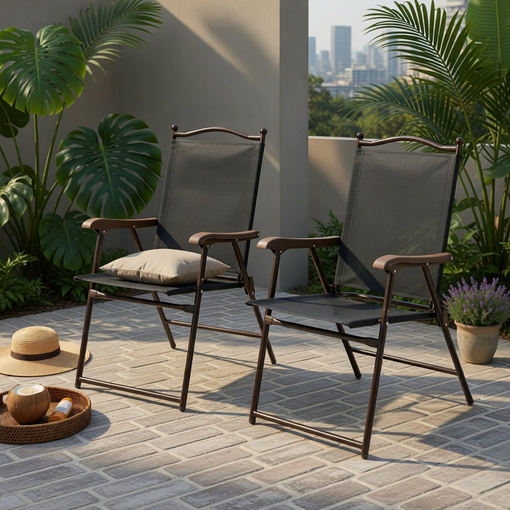 Hommoo 2-Pack Foldable Outdoor Lounge Chairs for Patio, Deck & Camping, Steel Frame, UV-Resistant Textile Sling Back, Compact Storage Design, Brown