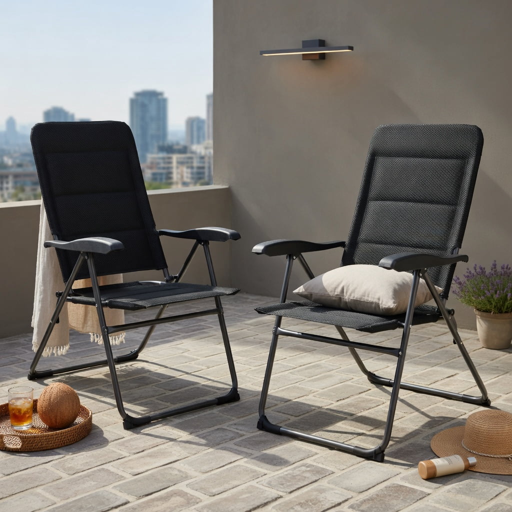 Hommoo 2-Pack Foldable Outdoor Patio Chairs with 7-Position Adjustable Backrest, Heavy-Duty Steel Frame, Breathable Oxford Fabric, for Backyard, Bistro, Pool & Camping, Black