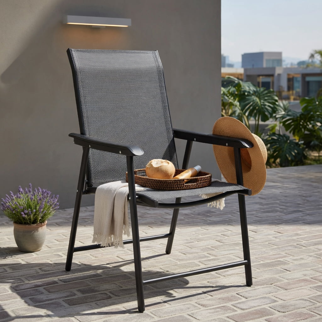 Hommoo 2-Pack Foldable Outdoor Patio Chairs, Steel Frame, Weather-Resistant Fabric, Lightweight & Space-Saving for Backyard, Deck, or Indoor Use, Gray
