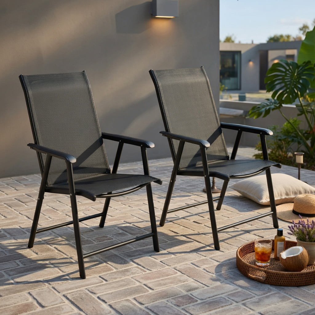 Hommoo 2-Pack Foldable Outdoor Patio Chairs with Ergonomic Armrests, Heavy-Duty Steel Frame, Weather-Resistant Fabric, Black