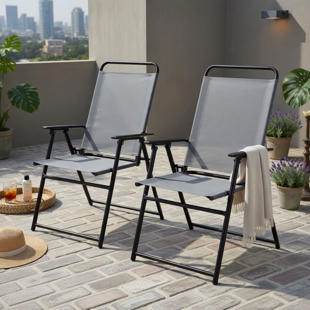 Hommoo 2-Pack Foldable Outdoor Sling Chairs with Armrests & Heavy-Duty Steel Frame, Easy-Store Patio Seating, Gray
