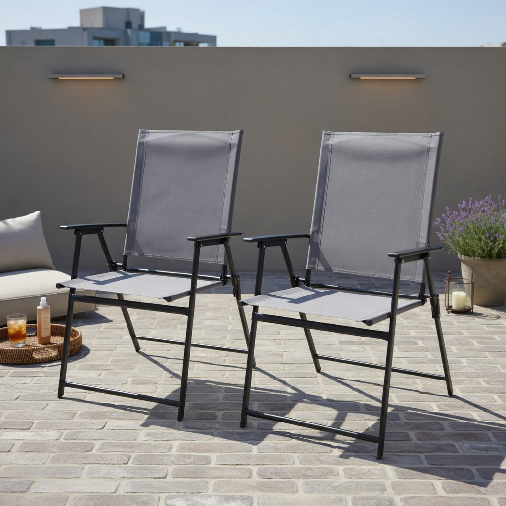 Hommoo 2-Pack Foldable Patio Chairs with Armrests, Heavy-Duty Metal Outdoor Chairs for Deck, Garden, Backyard & Camping, Gray