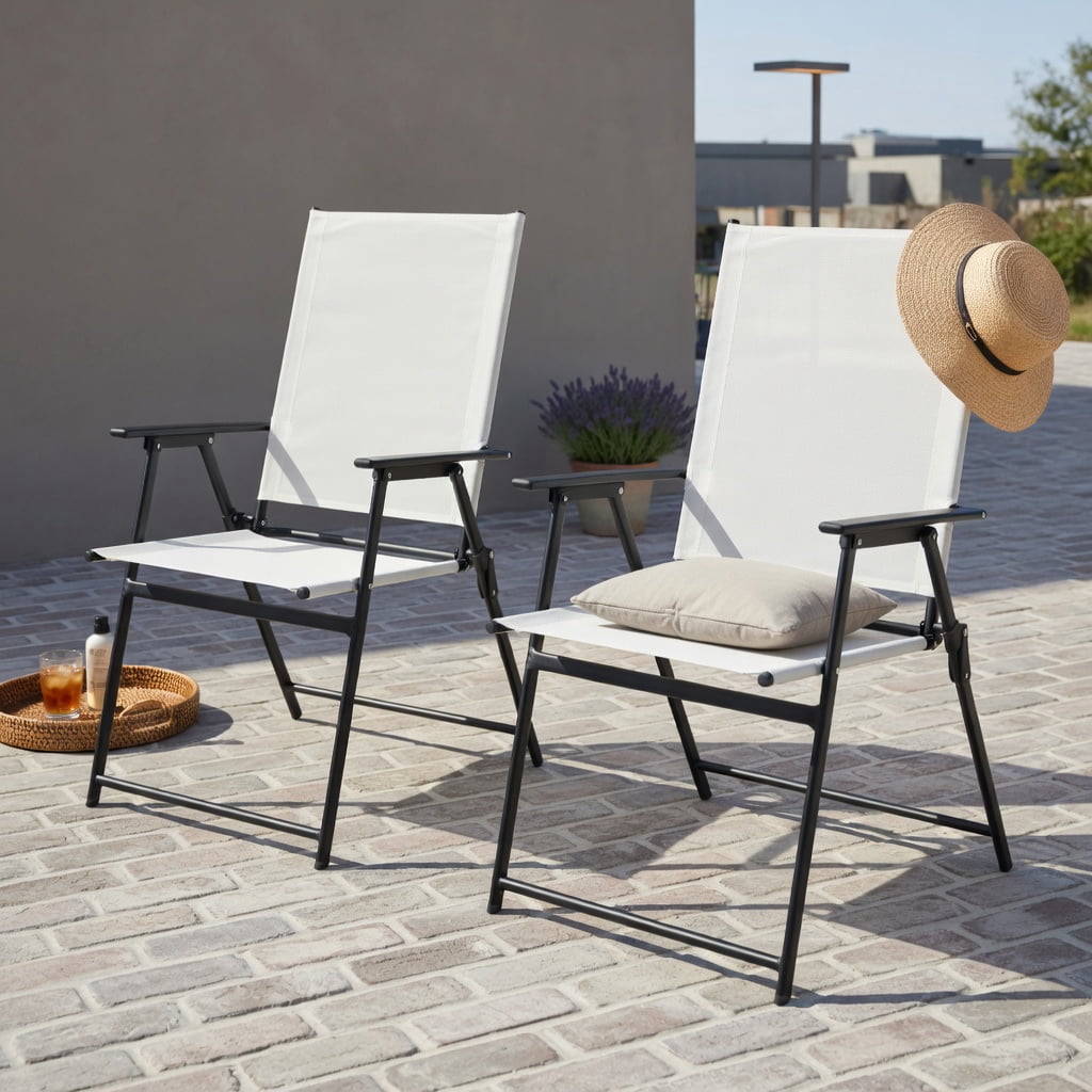 Hommoo 2-Pack Foldable Patio Chairs with Armrests, Heavy-Duty Metal Outdoor Chairs for Deck, Garden, Yard & Camping, White