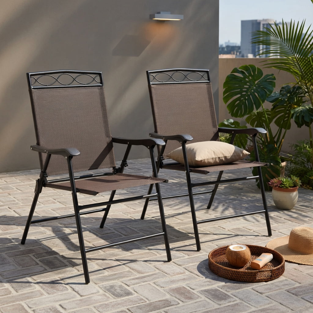 Hommoo 2-Pack Foldable Patio Chairs with Armrests, Lightweight Steel Outdoor Dining Chairs for Pool, Garden, Beach & Camping, Black