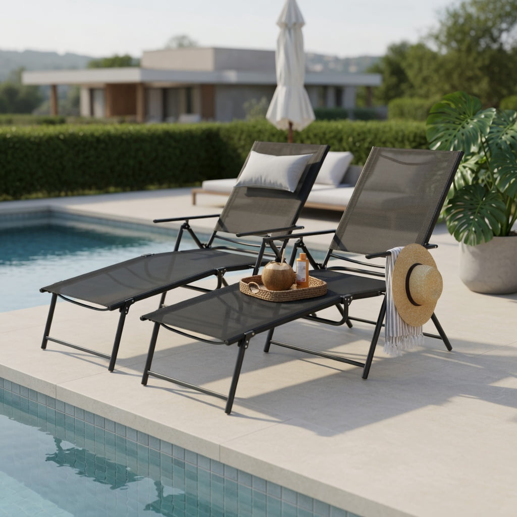 Hommoo 2-Pack Foldable Patio Chaise Lounge Chairs with 6-Position Reclining Backrest, Heavy-Duty Metal Frame, Quick-Dry Fabric, Black