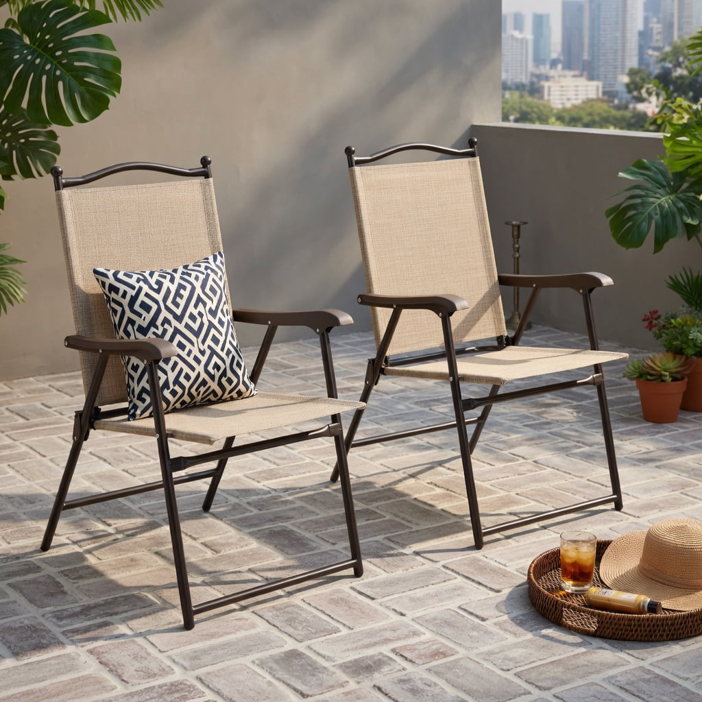 Hommoo 2-Pack Foldable Patio Lounge Chairs, Outdoor Sling Back Deck & Camping Chairs, Steel Frame, UV-Resistant Textile Fabric, Compact Storage Design, Beige
