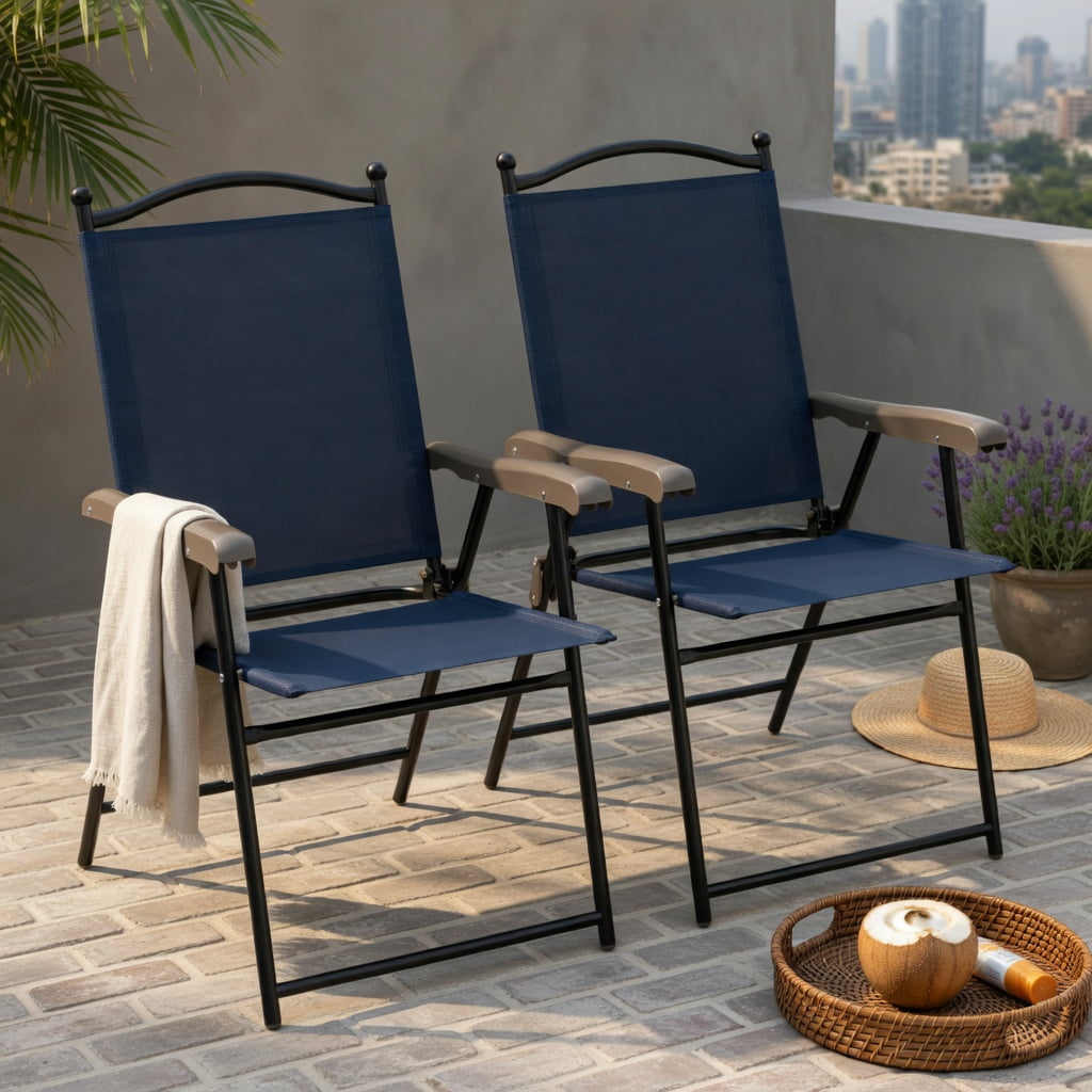 Hommoo 2-Pack Foldable Patio Lounge Chairs, Sling Back Deck Chairs for Backyard, Camping & Beach, Steel Frame, UV-Resistant Textile Fabric, Compact Storage, Navy