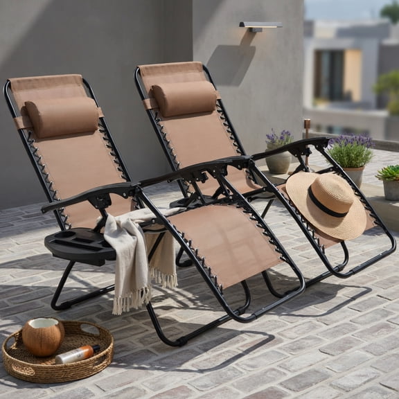 Hommoo 2-Pack Foldable Zero Gravity Lounge Chairs with Adjustable Headrest & Removable Tray, Brown