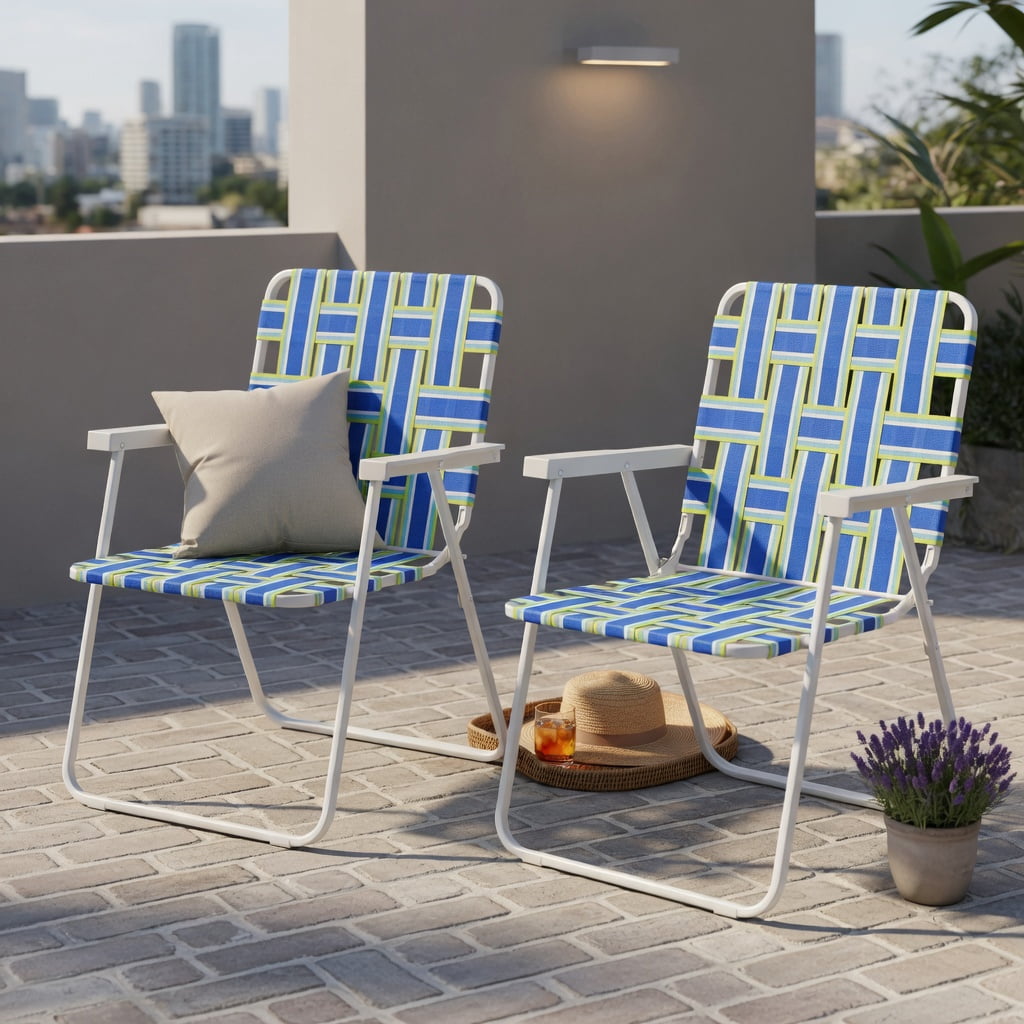 Hommoo 2-Pack Folding Beach Chairs for Camping & Lawn, Heavy-Duty Steel Frame, Fade-Resistant PE Webbing, Portable Lightweight Outdoor Chairs, Blue