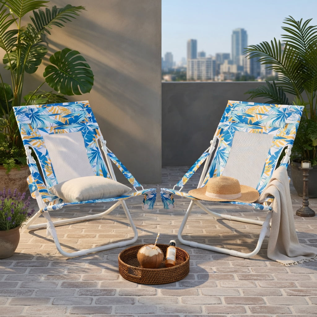 Hommoo 2-Pack Folding Low Beach Chairs with Padded Headrest, Breathable Mesh Back & Cup Holder， Outdoor Patio Sling Chairs for Sand, Lawn, Poolside, Blue