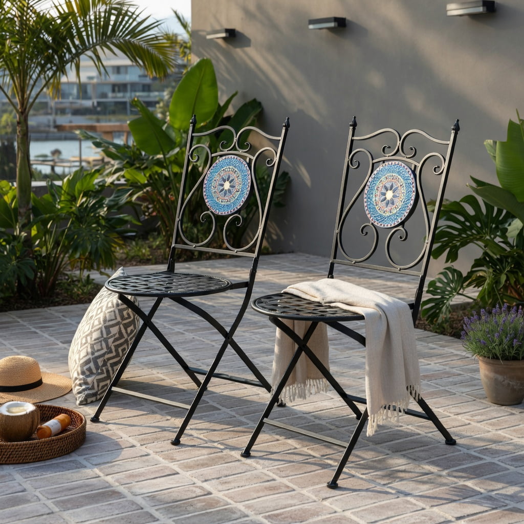 Hommoo 2-Pack Folding Patio Chairs with Mosaic Tile Design, Heavy-Duty Metal Frame, Indoor/Outdoor Use, Black