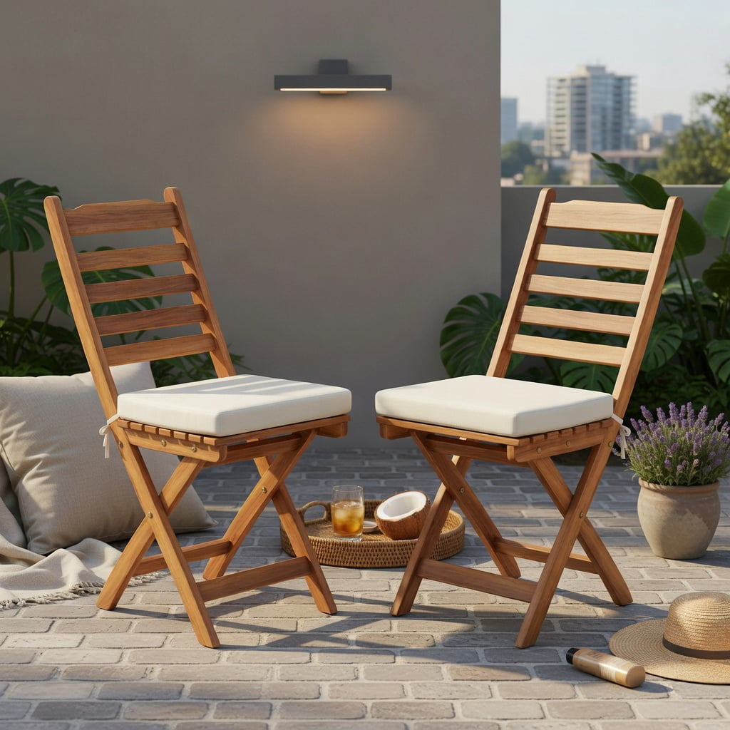 Hommoo 2-Pack Folding Patio Chairs with Soft Off-White Cushions & Natural Acacia Wood Frame, Outdoor Backyard, Balcony & Poolside Seating, White