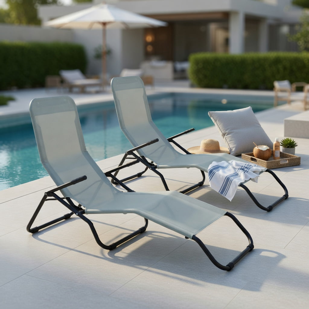 Hommoo 2-Pack Folding Patio Chaise Loungers with Rocking Motion, Heavy-Duty Steel Frame, Breathable Fabric, Easy-Store Design for Backyard, Poolside & Garden, Gray