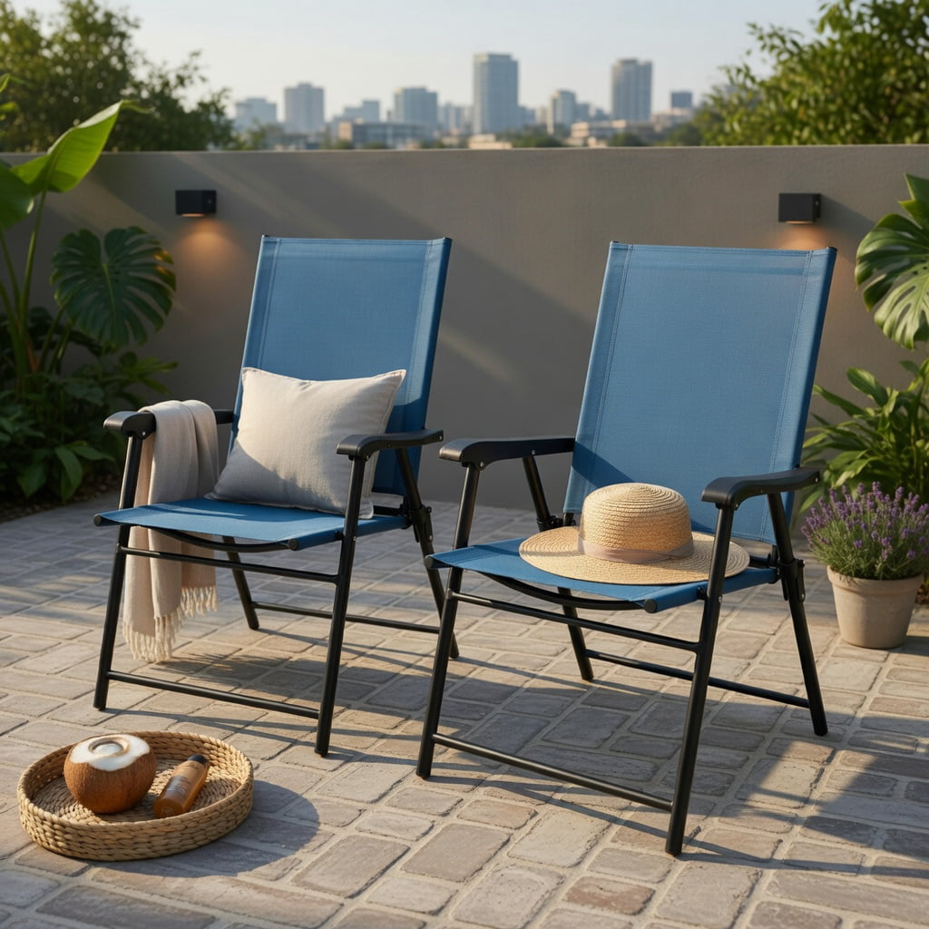 Hommoo 2-Pack Folding Patio Dining Chairs with Armrests, Metal Outdoor Chairs, No Assembly Required, Blue